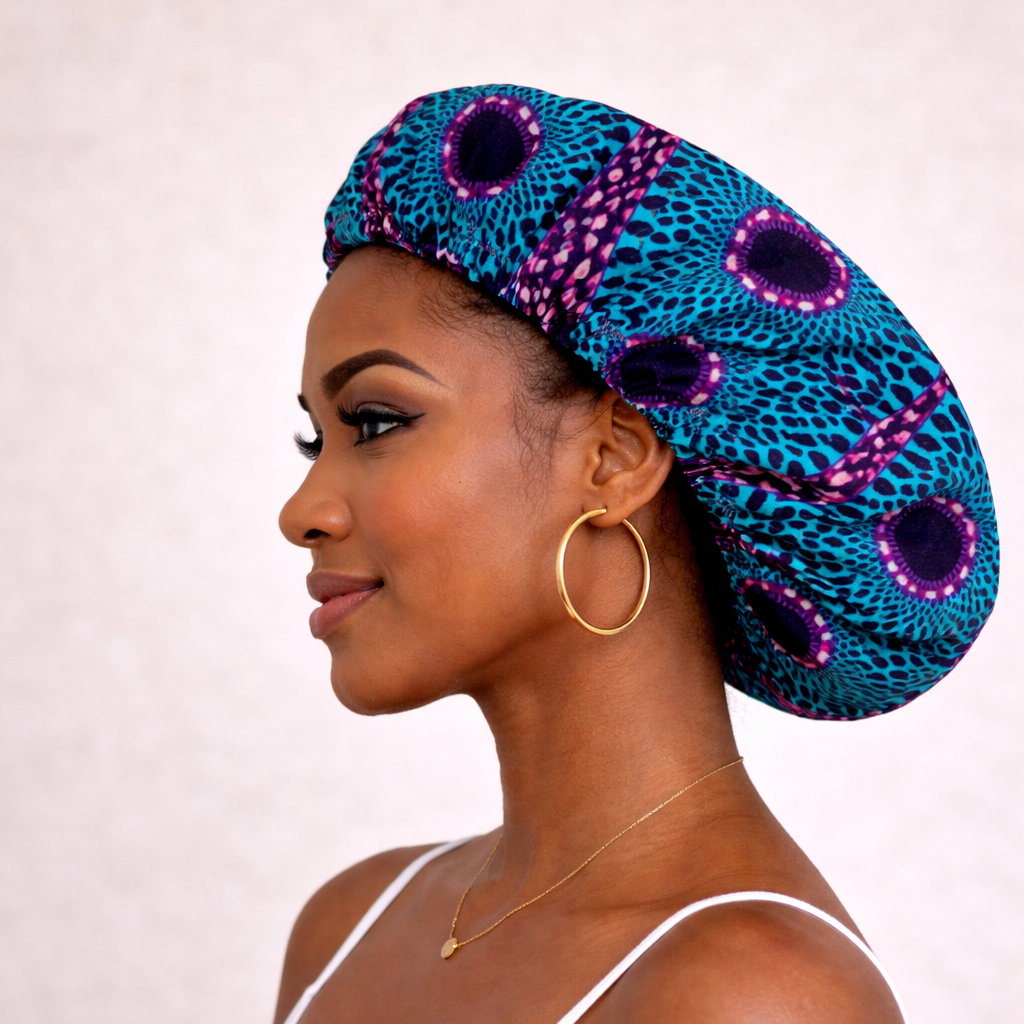 African Print Satin Bonnet – Handmade in the UK