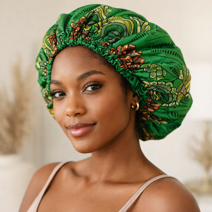 African Print Satin Bonnet – Handmade in the UK