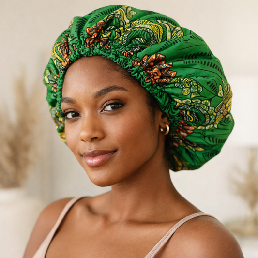 African Print Satin Bonnet – Handmade in the UK