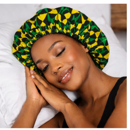 African Print Satin Bonnet – Handmade in the UK